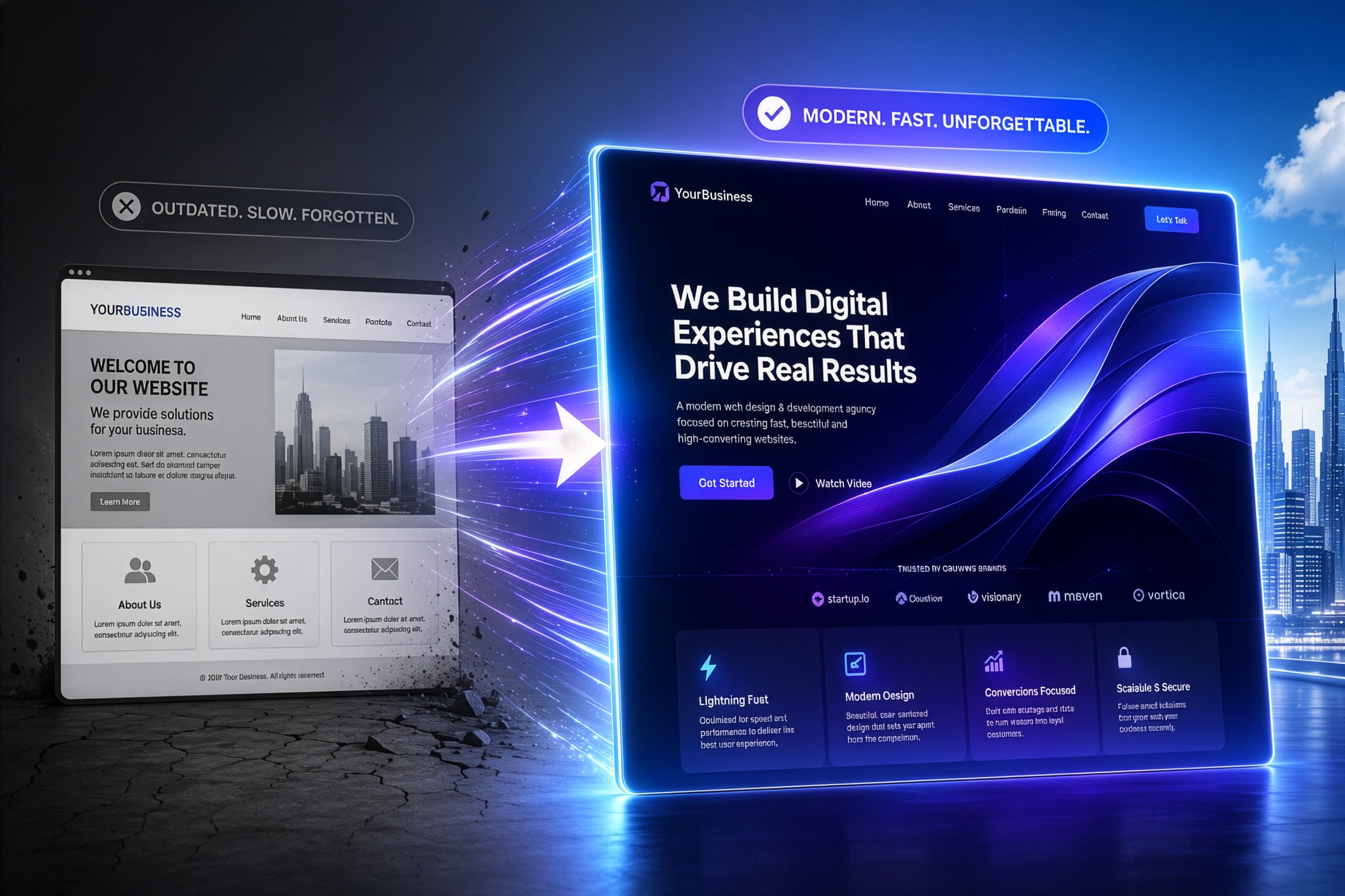 An outdated website transforming into a modern, fast, high-converting site